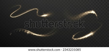 Golden flash with glittering dust and shimmery particles. Christmas shooting star trail, shining light effects Royalty-Free Stock Photo #2343231085