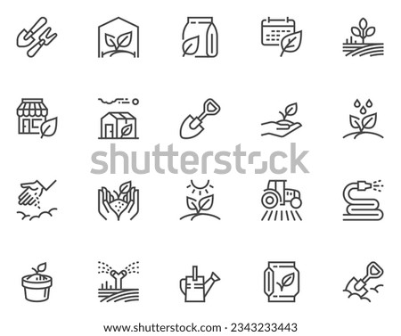 Set of vector line icons related to gardening. garden flowers, plants, lawn, automatic watering, sowing, garden tools. Editable stroke. Pixel perfect. Royalty-Free Stock Photo #2343233443
