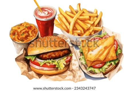 Watercolor fast food clip art on white background