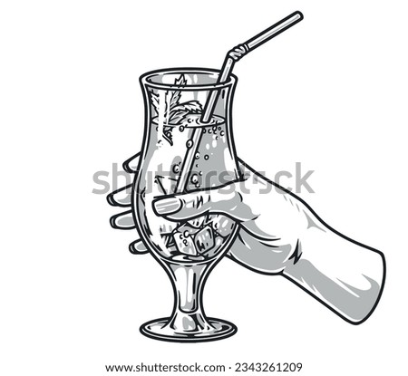 Lemonade in hand monochrome logotype with refreshing drink with ice cubes and straw to quench your thirst vector illustration