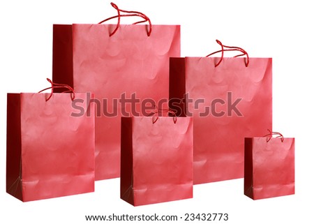 Fiver blank red paper bags over white background