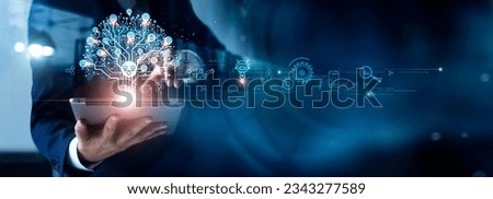 Businessman touching structure of business technology on data network to adapt implement new policies and technologies to support it effectively. Enhance customer experience and stay competitive.
