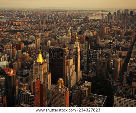Aerial view of the New York City Skyline at sunset