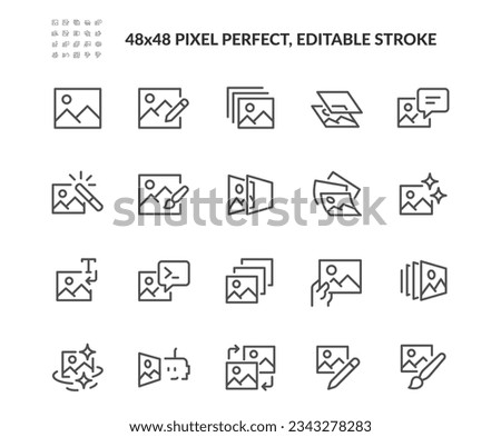Simple Set of Image Related Vector Line Icons. Contains such Outline Icons as Text to image, ai generating, Prompt and more. Editable Stroke. 48x48 Pixel Perfect. Davooda Style. Drawn by real human.
 Royalty-Free Stock Photo #2343278283