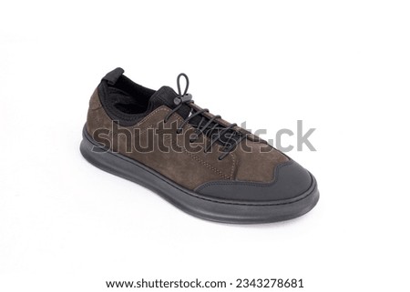 suede men's leather boots with laces, demi-season shoes, object isolated on white background