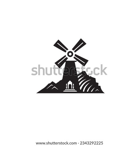 Mill and Mountain Illustration with Outline Strokes in Black and White, Designed in Vector for a Clean Look on a White Background