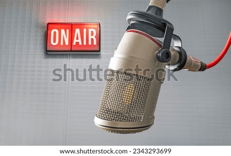 Professional microphone and on air sign Royalty-Free Stock Photo #2343293699