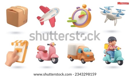 Delivery 3d cartoon vector icon set. Parcel, airplane, stopwatch, drone, online shop, scooter, truck, courier