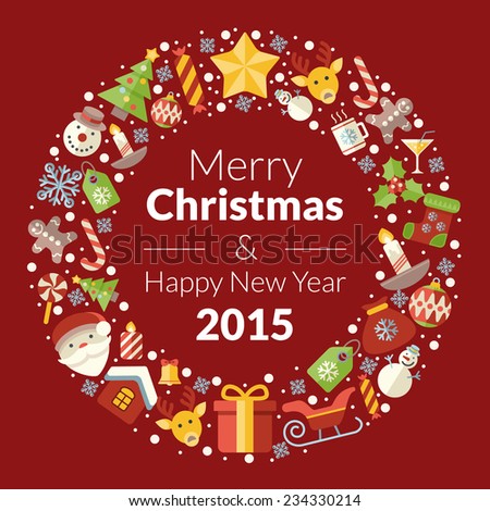 Christmas greeting card, icons and symbols, christmas tree, snowflakes, gift box, santa elements vector background