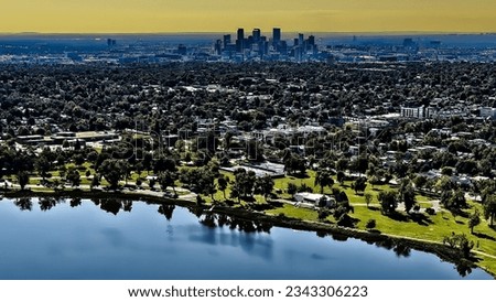 Drone photo of Denver Colorado skyline over Berkeley Lake