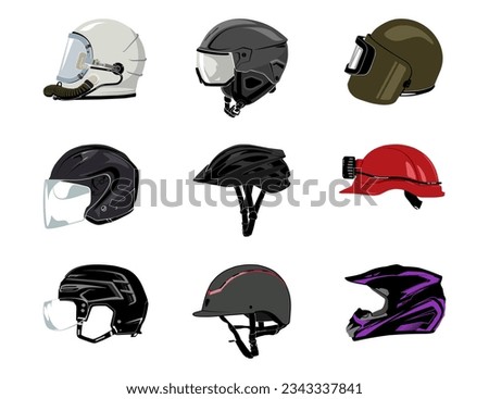 collection of vector helmet on white background, motorcycle helmet, bicycle helmet, construction, hockey helmet, ski 