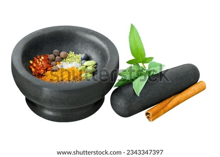 Various spices and herbage with mortar isolated on white background Royalty-Free Stock Photo #2343347397