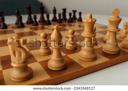 opening in chess. photo chess pieces in position lined up. photo close to a pawn chess piece. Focus on