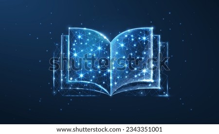 Abstract book with stars on a blue background. Digital book, web bookstore, fantasy style, Holy Bible, tech publication, online education, book festival, library concept. Literature symbol
