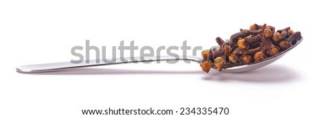 Spice Clove in spoon on isolated white background