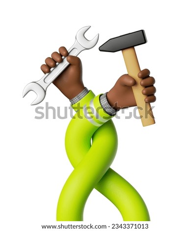 3d render, twisted and interlaced cartoon human hands with dark skin hold hammer and spanner wrench. Professional carpenter or woodworker with building tools isolated on white background