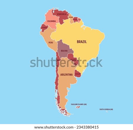 Vector map of South America with countries. Map of South America with country names. Royalty-Free Stock Photo #2343380415