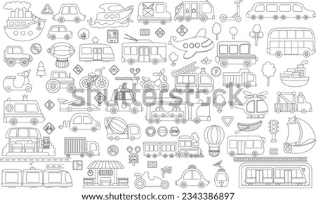 Vector black and white transportation set. Funny line water, land, air underground transport collection for kids. Cars and vehicles clip art. Cute train, truck, fire engine icons or coloring pages
