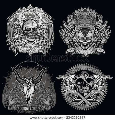 set, gothic sign with skull, grunge vintage design t shirts