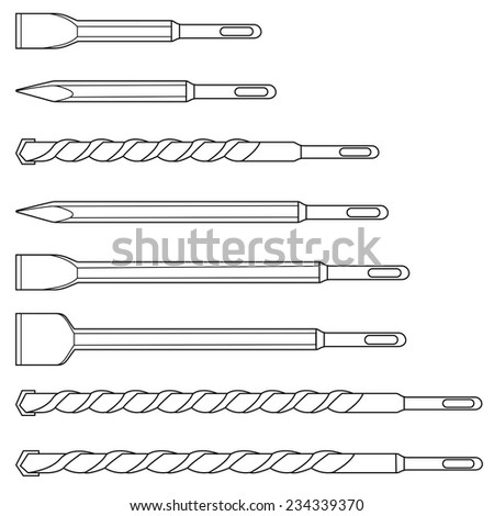 Set of steel professional hammer drill bits icons. Different shapes. Contour lines vector illustration isolated on white