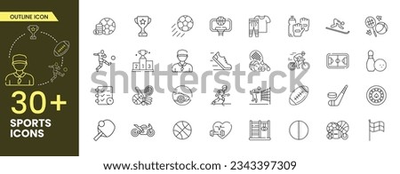 Collection of vector line icons of the sport. Icons of active lifestyle, hobbies, sports equipment, and clothing. Set of flat signs and symbols. Royalty-Free Stock Photo #2343397309