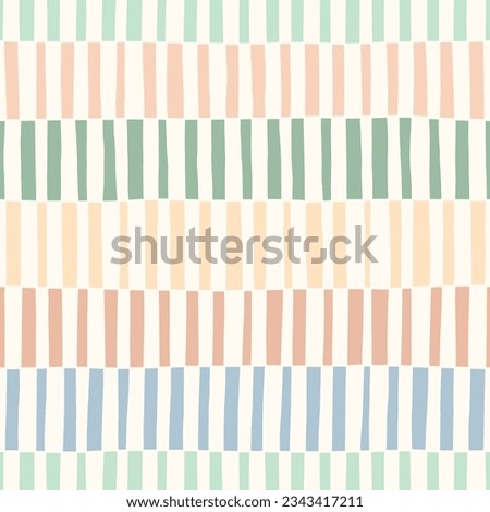 Hand-Drawn Blue, Green. Pink and White Geometric Stripes Vector Seamless Pattern. Modern Retro Palyful Print. Organic Square Shapes Royalty-Free Stock Photo #2343417211