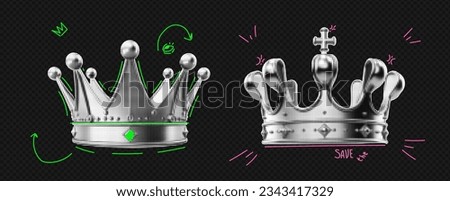 Set of black and white collage crowns with colorful doodle arrows. Punk design trendy halftone elements. King and Queen. Vector illustration on transparent background