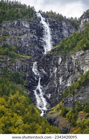View on waterfall in Sognefjord, one of the most beautiful fjords in Norway Royalty-Free Stock Photo #2343420095