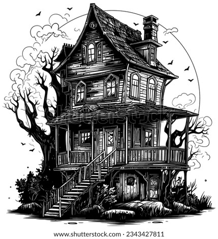 Woodcut style illustration of creepy haunted house on white background.
