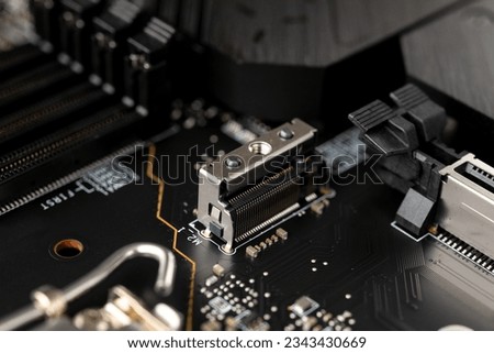 SSD M2 contacts on the motherboard. Computer assembly and repair, Computer architecture and engineering. IT industry