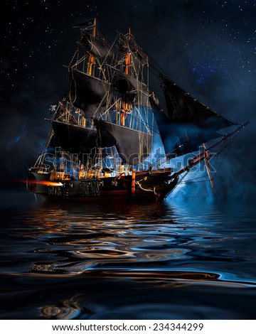 Model Pirate Ship with fog and water Royalty-Free Stock Photo #234344299