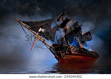 Model Pirate Ship with fog and water Royalty-Free Stock Photo #234344302