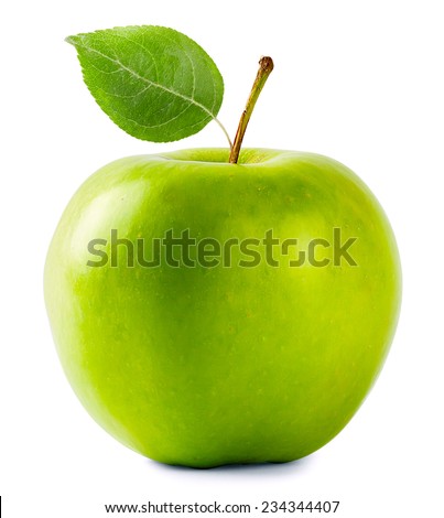 Green apple with leaf isolated on white background