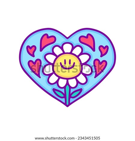 Cute sunflower on love shape, illustration for t-shirt, sticker, or apparel merchandise. With doodle, retro, groovy, and cartoon style.