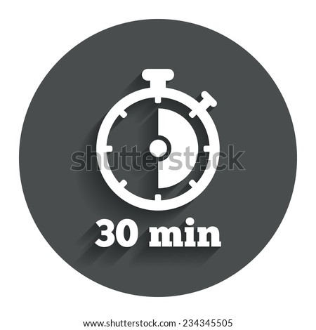 Timer sign icon. 30 minutes stopwatch symbol. Gray flat button with shadow. Modern UI website navigation. Vector Royalty-Free Stock Photo #234345505