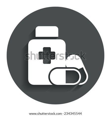 Medical pills bottle with cross sign icon. Pharmacy medicine drugs symbol. Gray flat button with shadow. Modern UI website navigation. Vector