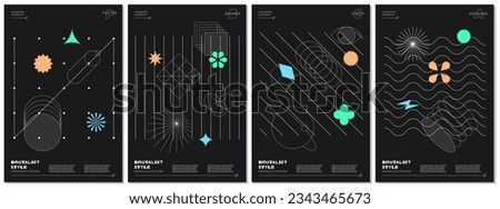 Trendy abstract brutalism poster set with memphis geometric shapes on black background. Modern brutalist style minimal prints design with simple graphic elements. Brutal y2k print vector eps templates Royalty-Free Stock Photo #2343465673