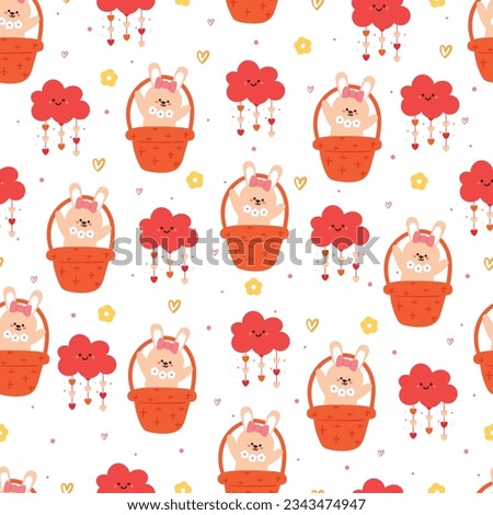 seamless pattern cartoon bunny inside a basket flying with cute pink clouds. cute wallpaper for gift wrap paper