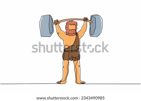 Single continuous line drawing prehistoric man lifting barbell stone. Weightlifter caveman from stone age. Man keeping fit by weight lifting. Dynamic one line draw graphic design vector illustration