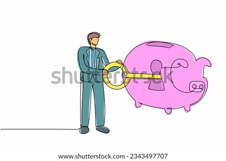 Continuous one line drawing businessman putting big key into piggy bank. Security in saving personally. Protection for finance and banking system. Single line draw design vector graphic illustration