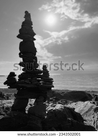 Rock tower on Lake Superior in black and white