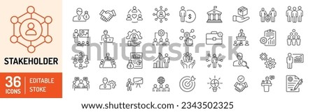Stakeholder editable stroke icons set. Business, teamwork, trade unions, suppliers, government, customers, creditors, community, investors and partners. Vector illustration Royalty-Free Stock Photo #2343502325