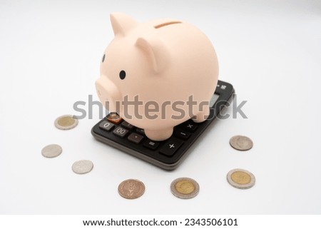 Piggy bank, Calculator and coins for saving money, Business and finance concept.