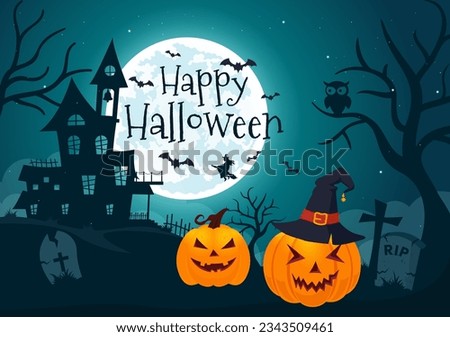 Halloween Night Background Vector Illustration with Pumpkins on the Moonlight and Several Other Elements in Flat Cartoon Hand Drawn Templates Royalty-Free Stock Photo #2343509461