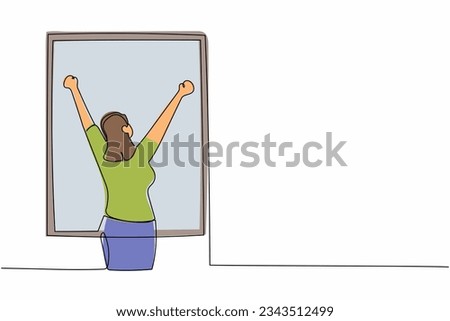 Single one line drawing back view young woman stretching arms in window after good night sleep. Relaxed female standing at window to get fresh air. Continuous line design graphic vector illustration