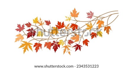 Fall or autumn maple leaves in red orange and yellow design element. Fall vector illustration of colorful tree branch with texture grunge. Autumn clip art.
