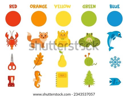 Learning colors worksheet. Set of colorful objects and animals.