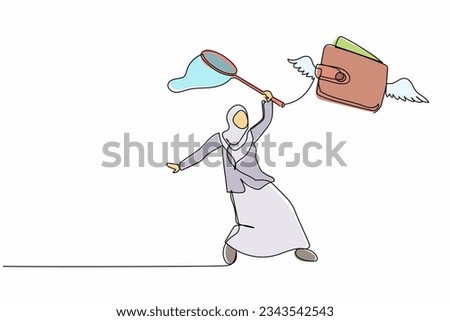 Continuous one line drawing Arabian businesswoman try to catching flying wallet with butterfly net. Losing saving of money due to economic crisis. Single line draw design vector graphic illustration