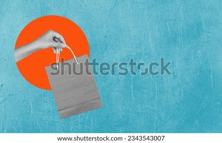 Shopping Therapy. Contemporary art collage of hand with shopping bag on blue background. Concept of art, creativity, imagination, poster. Copy space for advertising