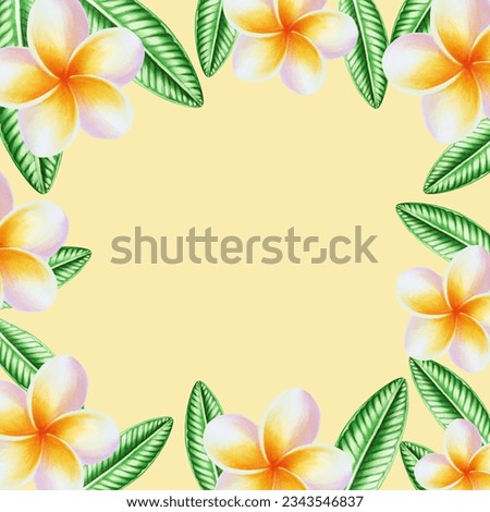 Watercolor frame realistic tropical illustration of plumeria flowers with leaves isolated on white background. Beautiful botanical hand painted frangipani clip art. For designers, spa decoration, pos